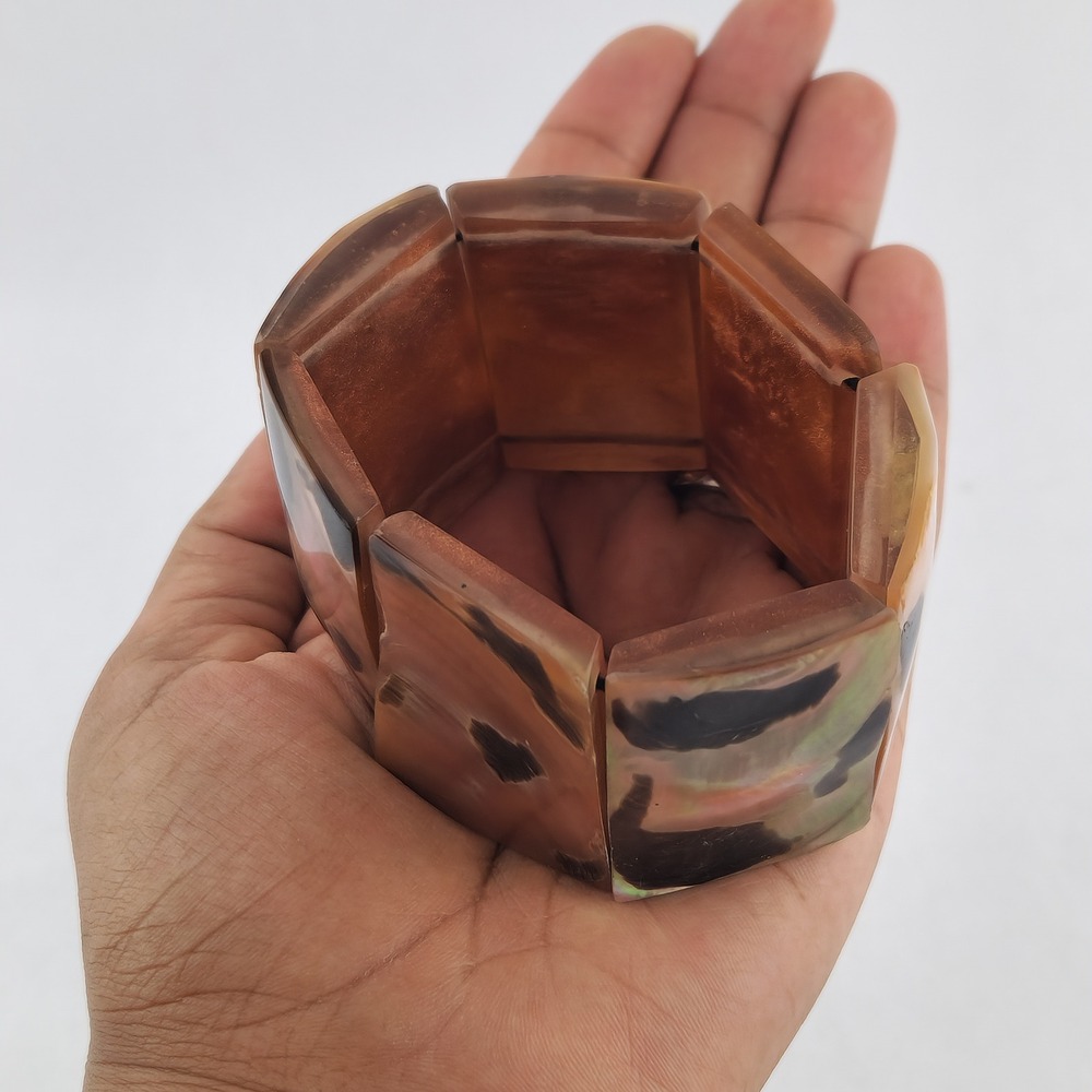 Vintage Mother of Pearl Shell Stretch Cuff Bracelet Iridescent Brown Wide Panel - Picture 2 of 12